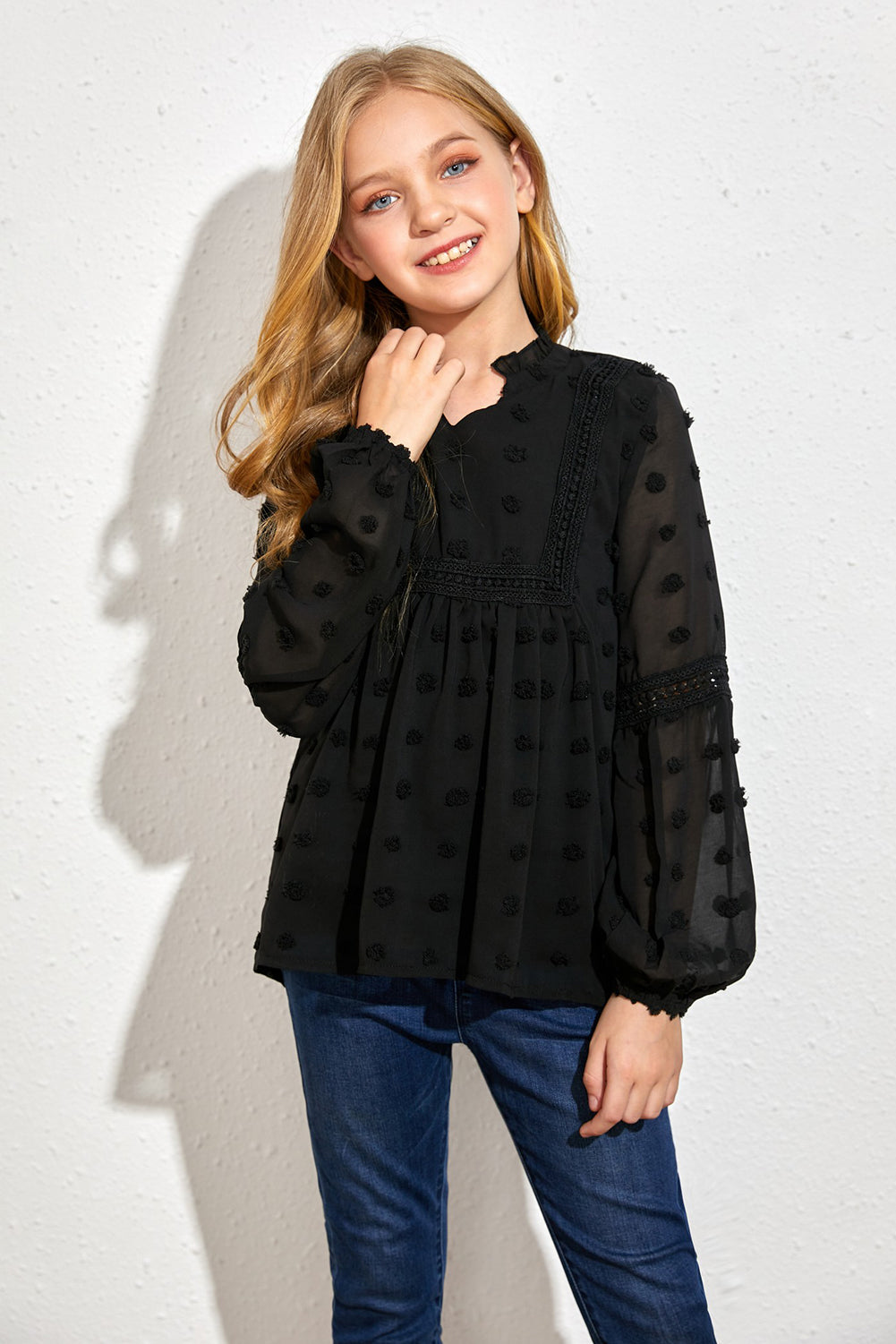 Girls Swiss Dot Spliced Lace Notched Blouse