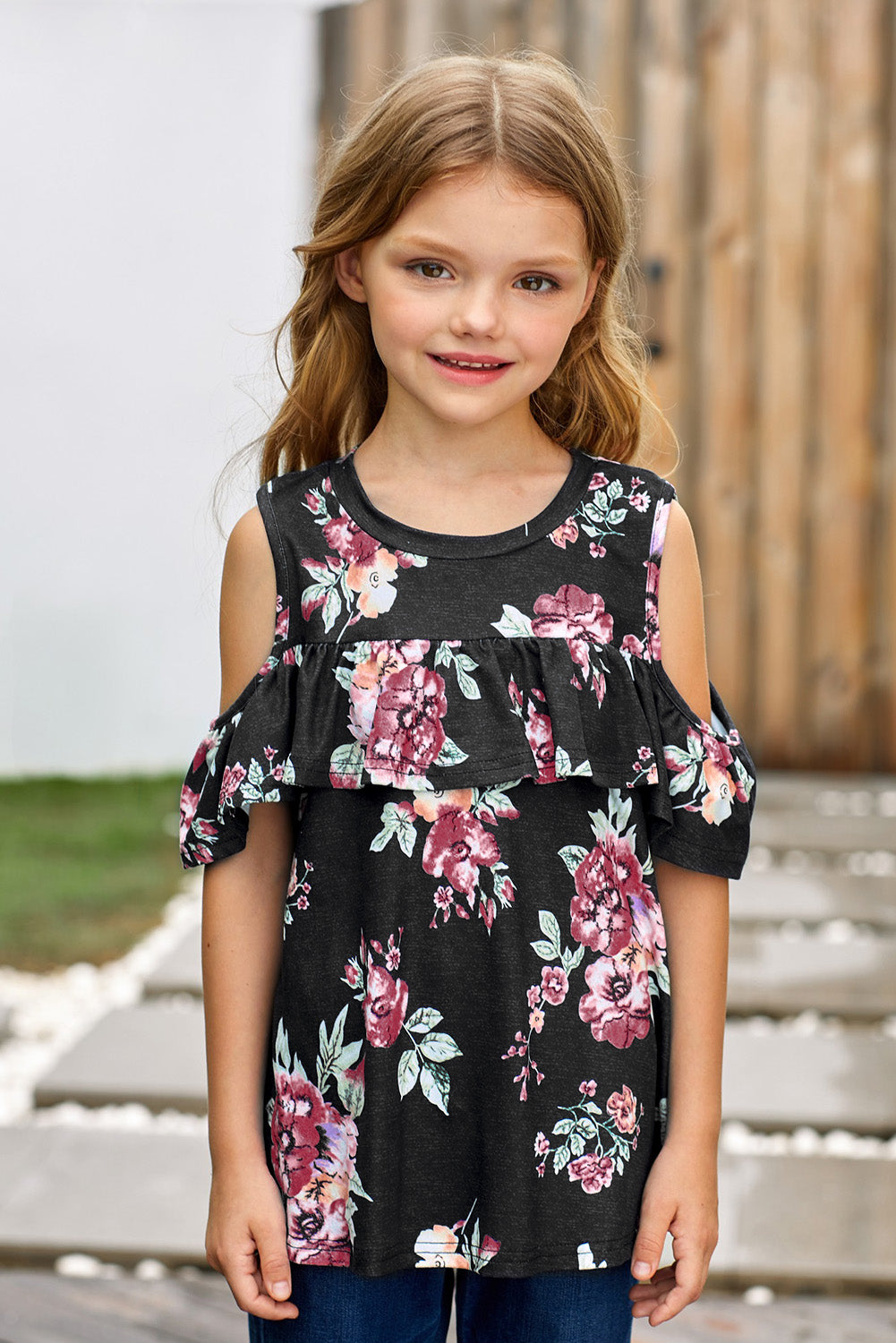 Girls Floral Cold-Shoulder Ruffled Top