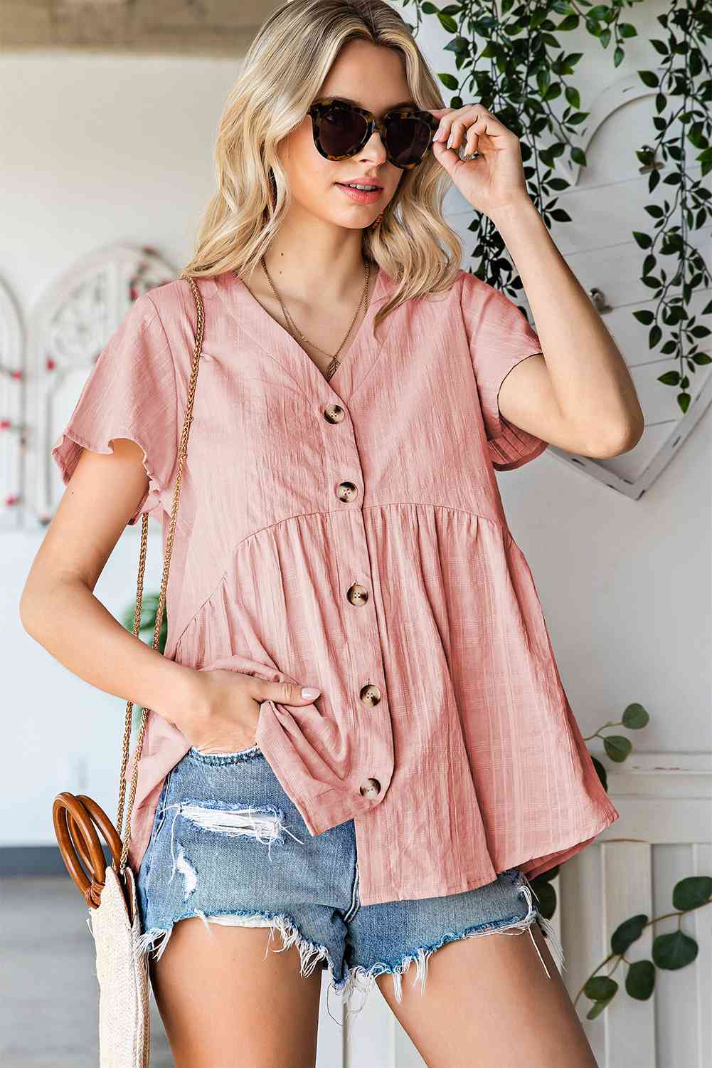 Button Down V-Neck Short Sleeve Shirt