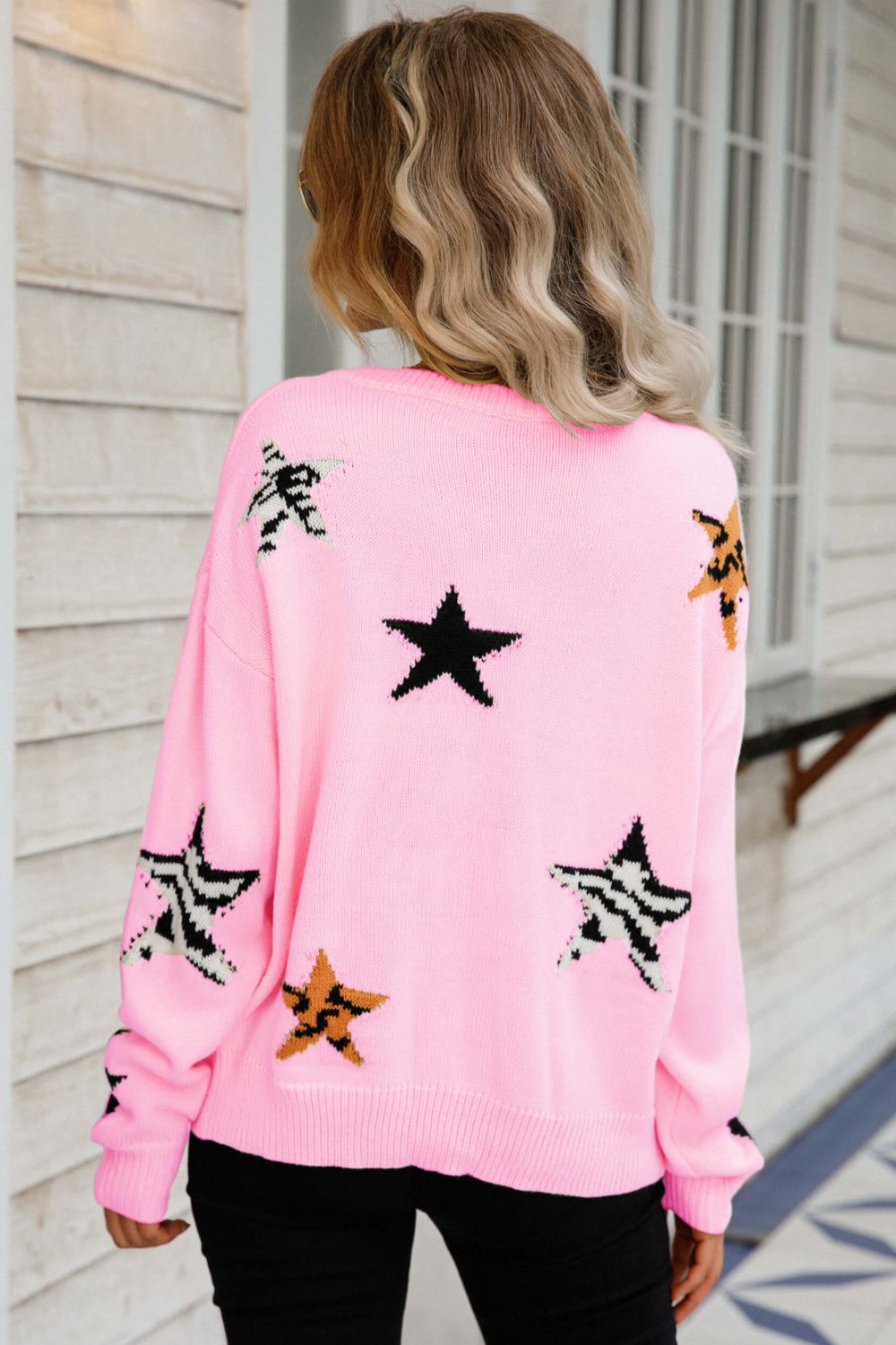 Star Pattern Round Neck Dropped Shoulder Sweater