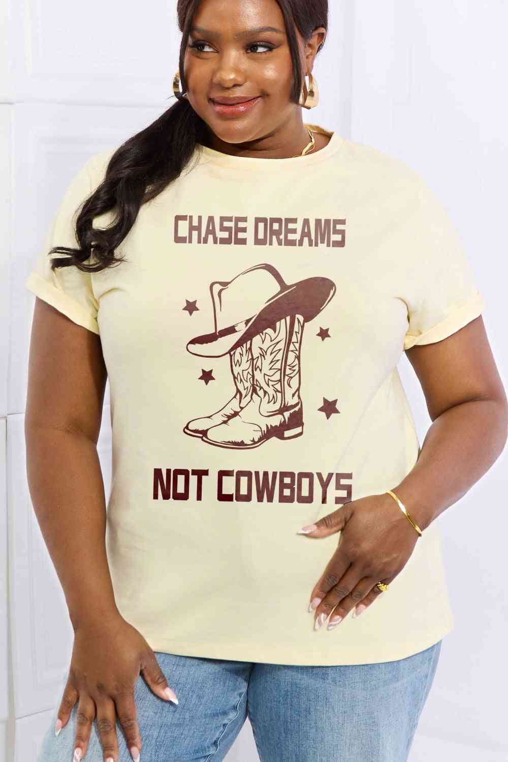 Simply Love Simply Love Full Size CHASE DREAMS NOT COWBOYS Graphic Cotton Tee