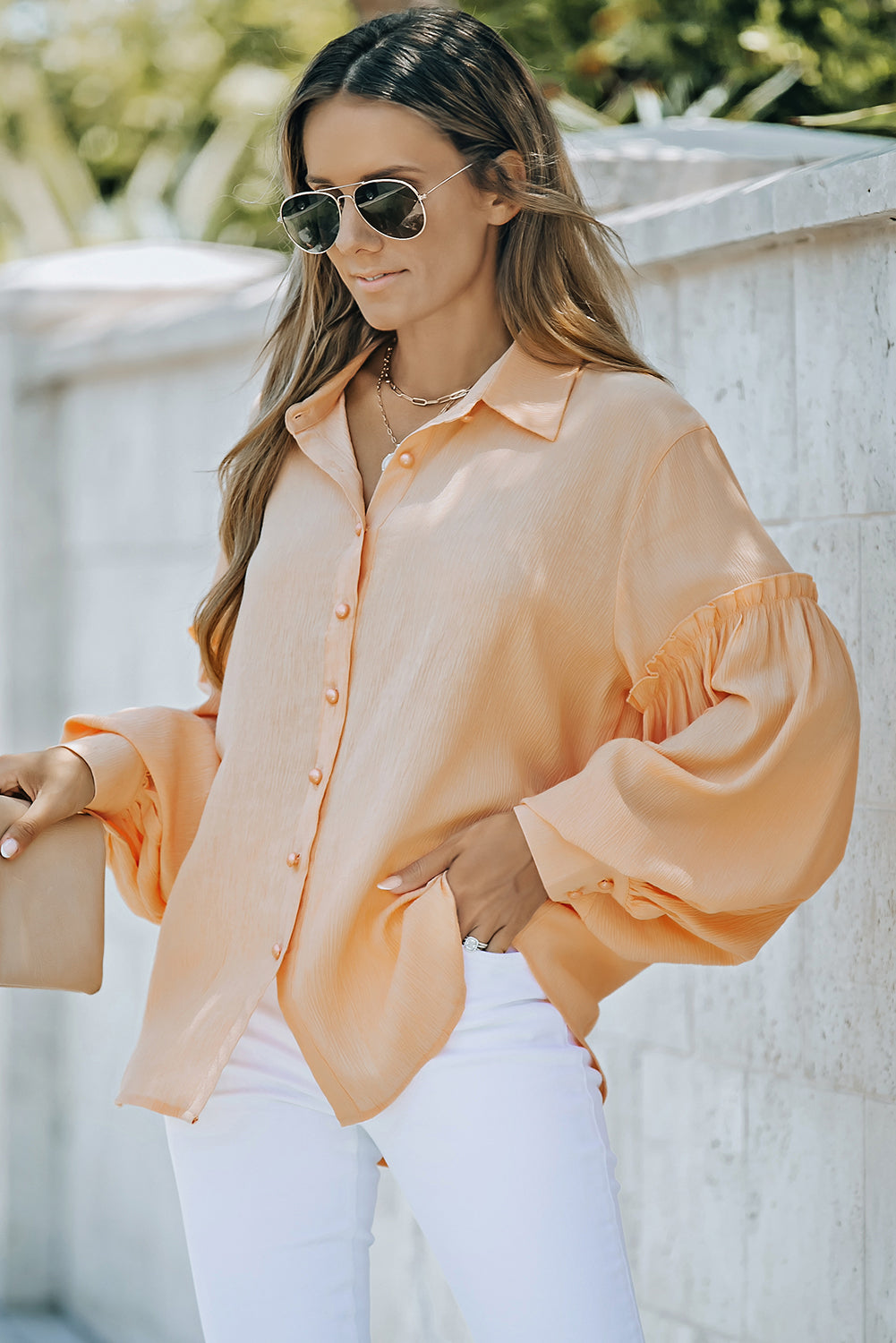 Button Front Bubble Sleeve Frill Trim Blouse